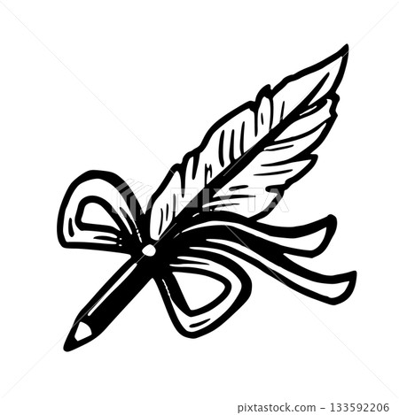 Fountain pencil with feather and bow vector illustration in doodle sketch style hand drawn outline in black and white. Simple art for stationery design. Great for romantic card and writing concept. Fountain pencil with feather and bow vector illustration in doodle sketch style hand drawn outline in black and white. Simple art for stationery design. Great for romantic card and writing concept. 133592206