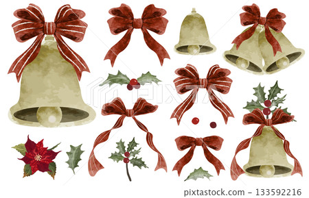 Watercolor jingle bells and ribbon Christmas material set Watercolor jingle bells and ribbon Christmas material set 133592216