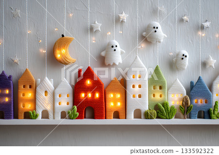 A beautiful Halloween night townscape made of colorful yarn (3D) (Mamio Design Townscape Series) 133592322
