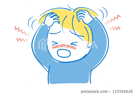A boy with an itchy head scratching with both hands A boy with an itchy head scratching with both hands 133592626
