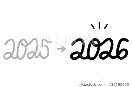 手寫黑色數位年份設計，箭頭從 2025 年過渡到 2026 年。 133592909