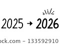 Handwritten black numbers design of the year with an arrow changing from 2025 to 2026 133592910