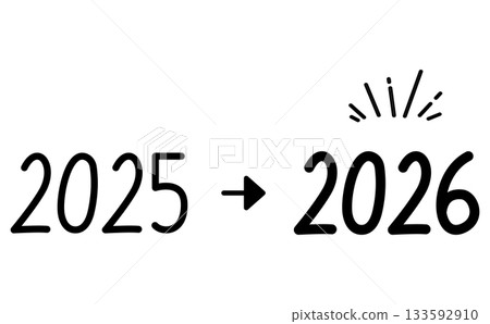 Handwritten black numbers design of the year with an arrow changing from 2025 to 2026 133592910