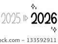 Handwritten black numbers design of the year with an arrow changing from 2025 to 2026 133592911
