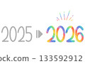 Rainbow number design with handwritten year number and arrow changing from 2025 to 2026 133592912