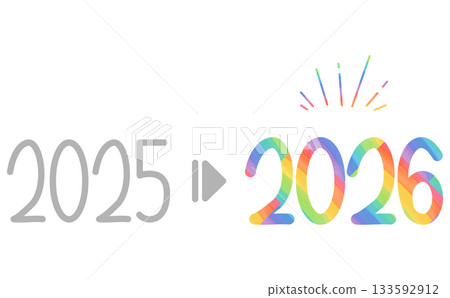 彩虹色數位設計，帶有手寫年份數字和箭頭，從 2025 年過渡到 2026 年。 133592912