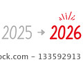 Handwritten red number design of the year with an arrow changing from 2025 to 2026 133592913