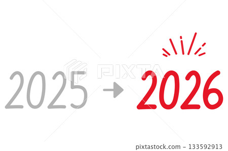 Handwritten red number design of the year with an arrow changing from 2025 to 2026 133592913