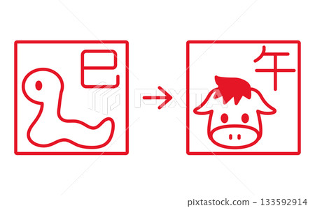 Zodiac Snake to Horse stamp illustration material 133592914