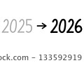 Handwritten black numbers design of the year with an arrow changing from 2025 to 2026 133592919