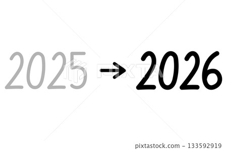 Handwritten black numbers design of the year with an arrow changing from 2025 to 2026 133592919