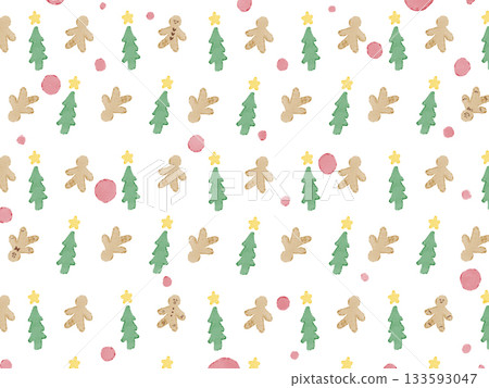 白色背景上的彩色手繪插圖圖案。水彩聖誕樹和薑餅人，點綴著紅色圓點。 133593047