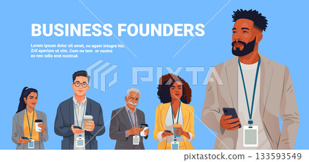 Business founders diverse team professional people standing holding coffee smartphones wearing badges business attire blue background conference concept 133593549