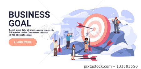 Business goal achievement teamwork target success concept group of diverse people with arrows and large bullseye cityscape background website banner 133593550