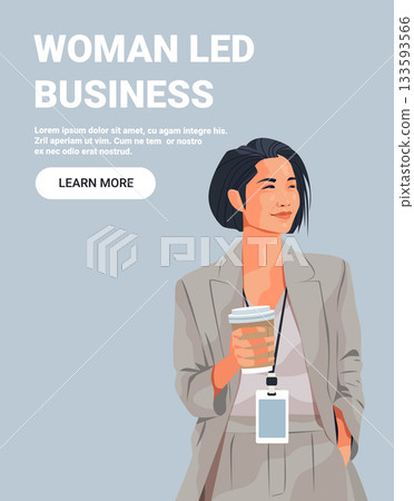 Woman led business female entrepreneur holding coffee cup wearing blazer with lanyard badge modern professional minimal blue background website banner 133593566