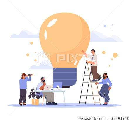 Business team creativity brainstorming innovation concept people collaborating giant light bulb teamwork ideas office workspace ladder computer plants 133593568