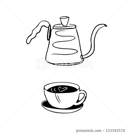 Graphic elements for a coffee shop. V60 coffee, funnel, teapot with a long spout. Graphic elements for a coffee shop. V60 coffee, funnel, teapot with a long spout. 133593578