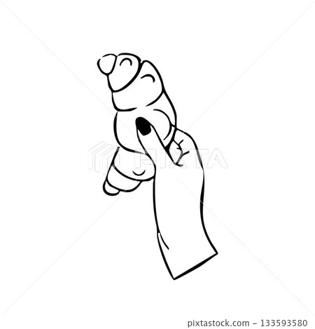 Black and white logo drawing in doodle style of a croissant in a hand. The hand is holding a croissant. Black and white logo drawing in doodle style of a croissant in a hand. The hand is holding a croissant. 133593580
