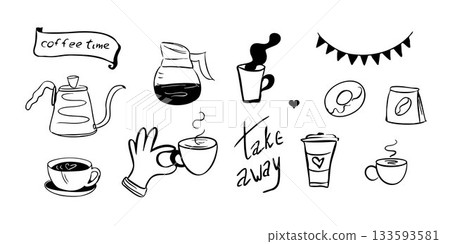 Doodle style graphic elements for coffee shops, coffee to go, donuts, lattes, and cappuccinos. Doodle style graphic elements for coffee shops, coffee to go, donuts, lattes, and cappuccinos. 133593581