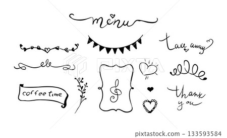 Graphic elements for designing a cafe menu. Monogram, frame, flowers, and the words coffee to go. 133593584