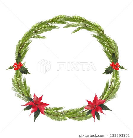 Watercolor illustration of a Christmas wreath with fir branches and a red poinsettia flower. 133593591