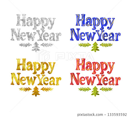 Bright, shiny Happy New Year lettering. Silver and gold glitter, red and blue colors. 133593592
