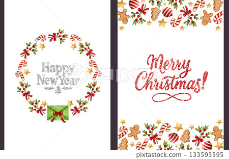 A set of cute Christmas and New Year holiday cards with beautiful frames, wreaths, silver and red lettering, and sweets. A set of cute Christmas and New Year holiday cards with beautiful frames, wreaths, silver and red lettering, and sweets. 133593595