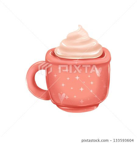 Illustration featuring a cute pink cup with hearts and glitter, filled with a creamy drink. Christmas cocoa. 133593604