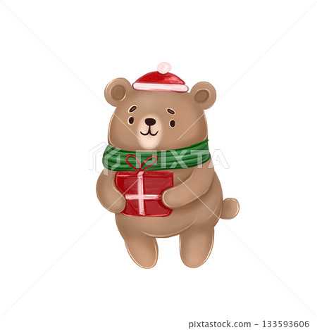 Illustration with a cute bear holding a gift. New Year's and Christmas baby animal wearing a hat. Illustration with a cute bear holding a gift. New Year's and Christmas baby animal wearing a hat. 133593606