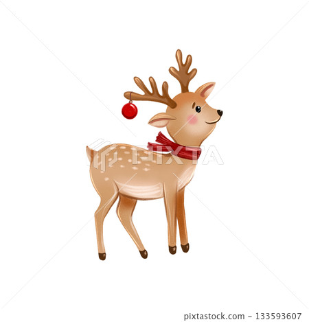 Illustration with a cute Christmas fawn. Cartoon New Year's animal. 133593607