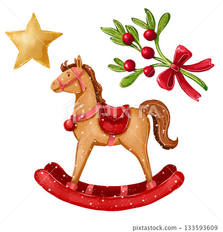 Illustration with a vintage rocking horse, a Christmas gift, a star, and a bouquet with a red bow. 133593609