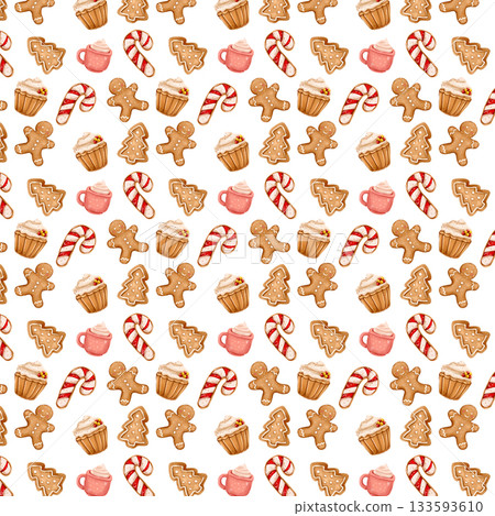 Seamless watercolor Christmas pattern: cocoa in a pink mug, gingerbread cookies, and a gingerbread man. 133593610