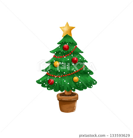 Christmas and New Year illustration with a cute Christmas tree in cartoon and watercolor style. 133593629