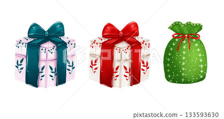 Christmas and New Year illustration of gifts with red and blue bows and Santa's sack of presents. Christmas and New Year illustration of gifts with red and blue bows and Santa's sack of presents. 133593630