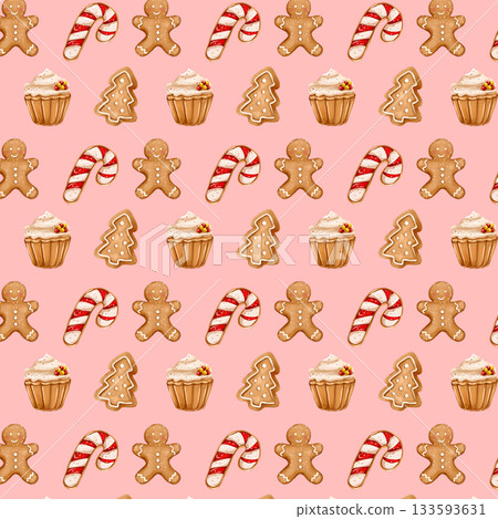 Seamless pattern featuring Christmas sweets, sweet cupcakes, and gingerbread cookies. Seamless pattern featuring Christmas sweets, sweet cupcakes, and gingerbread cookies. 133593631