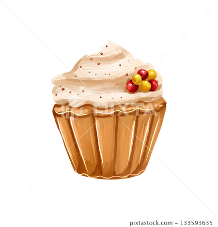 Illustration of a sweet festive cupcake with cream. 133593635