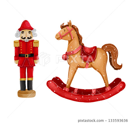 Christmas illustration of a little girl and a horse. Cartoon watercolor style. 133593636