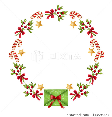 Illustration of a Christmas wreath with sweets, flowers, stars, and an envelope with a wish for Santa Illustration of a Christmas wreath with sweets, flowers, stars, and an envelope with a wish for Santa 133593637