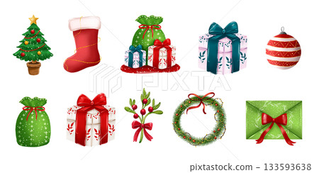 A collection of Christmas and New Year cartoon illustrations featuring a Christmas tree, gifts, and decorations. A collection of Christmas and New Year cartoon illustrations featuring a Christmas tree, gifts, and decorations. 133593638