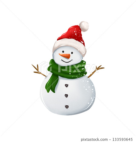 Cartoon illustration of a cheerful, cute snowman wearing a scarf and hat. Cartoon illustration of a cheerful, cute snowman wearing a scarf and hat. 133593645