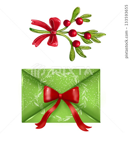 Illustration with a Christmas letter with a red bow and a twig with leaves. 133593655