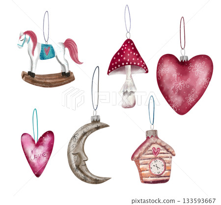 A collection of Christmas and New Year illustrations with vintage decorations for the Christmas tree. A collection of Christmas and New Year illustrations with vintage decorations for the Christmas tree. 133593667