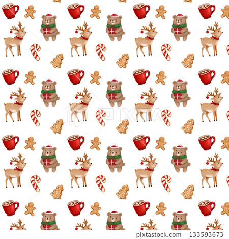 Seamless pattern with cute Christmas characters. With a fawn, a bear, and Christmas sweets. New Year's watercolor illustration. Seamless pattern with cute Christmas characters. With a fawn, a bear, and Christmas sweets. New Year's watercolor illustration. 133593673