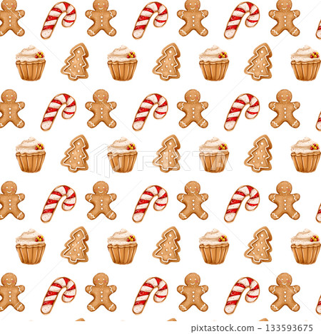 Seamless pattern featuring Christmas sweets, sweet cupcakes, and gingerbread cookies. Seamless pattern featuring Christmas sweets, sweet cupcakes, and gingerbread cookies. 133593675