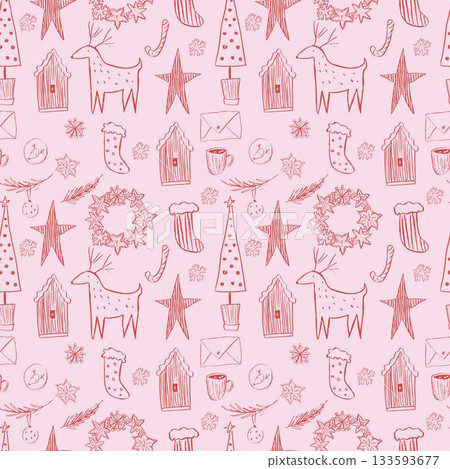 Seamless Christmas pattern in a whimsical Scandinavian style with a reindeer, gingerbread wreath, house, Christmas tree, star Seamless Christmas pattern in a whimsical Scandinavian style with a reindeer, gingerbread wreath, house, Christmas tree, star 133593677