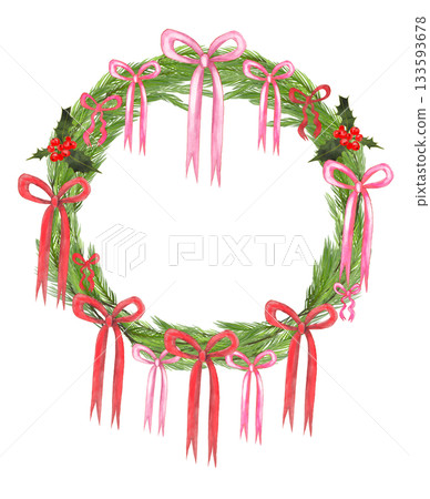 Illustration of a Christmas wreath made of fir branches with trendy pink and red bows. Lettering saying Merry Christmas. 133593678