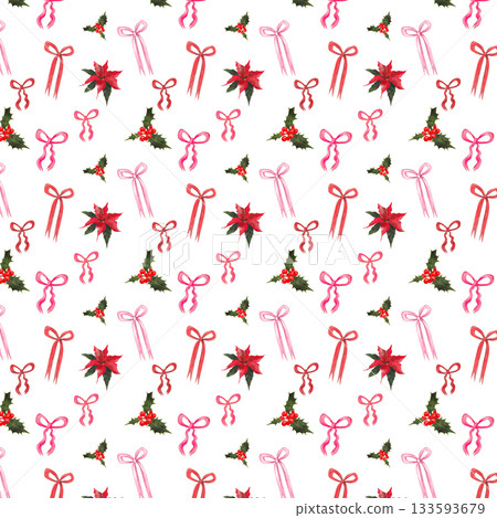A seamless Christmas pattern with trendy pink bows, poinsettias, and sacred red berries. 133593679