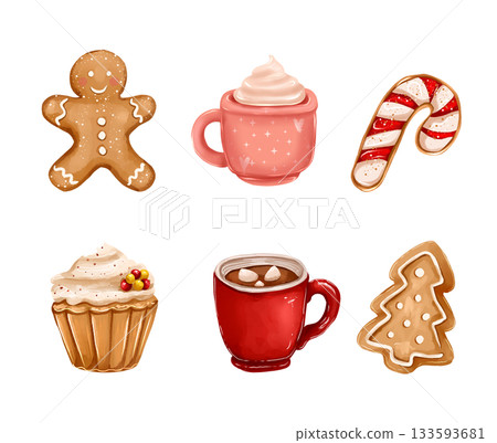 Illustration with cute Christmas treats: gingerbread cookies, cocoa, striped candy, cake. Illustration with cute Christmas treats: gingerbread cookies, cocoa, striped candy, cake. 133593681
