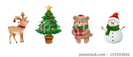 Illustration with cute New Year characters. With a fawn, a Christmas tree, a mink with a gift in Santa's hat, and a snowman. 133593682