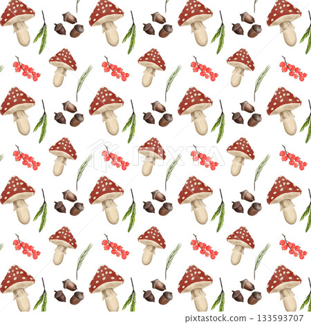 Autumn watercolor seamless pattern of toadstools, berries, spruce twigs, acorns. Autumn watercolor seamless pattern of toadstools, berries, spruce twigs, acorns. 133593707